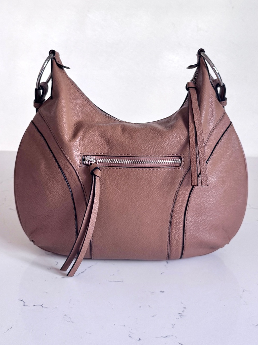 Tahari Tan Pebbled Genuine Leather Hobo Bohemian Shoulder Bag Silver Accents EUC